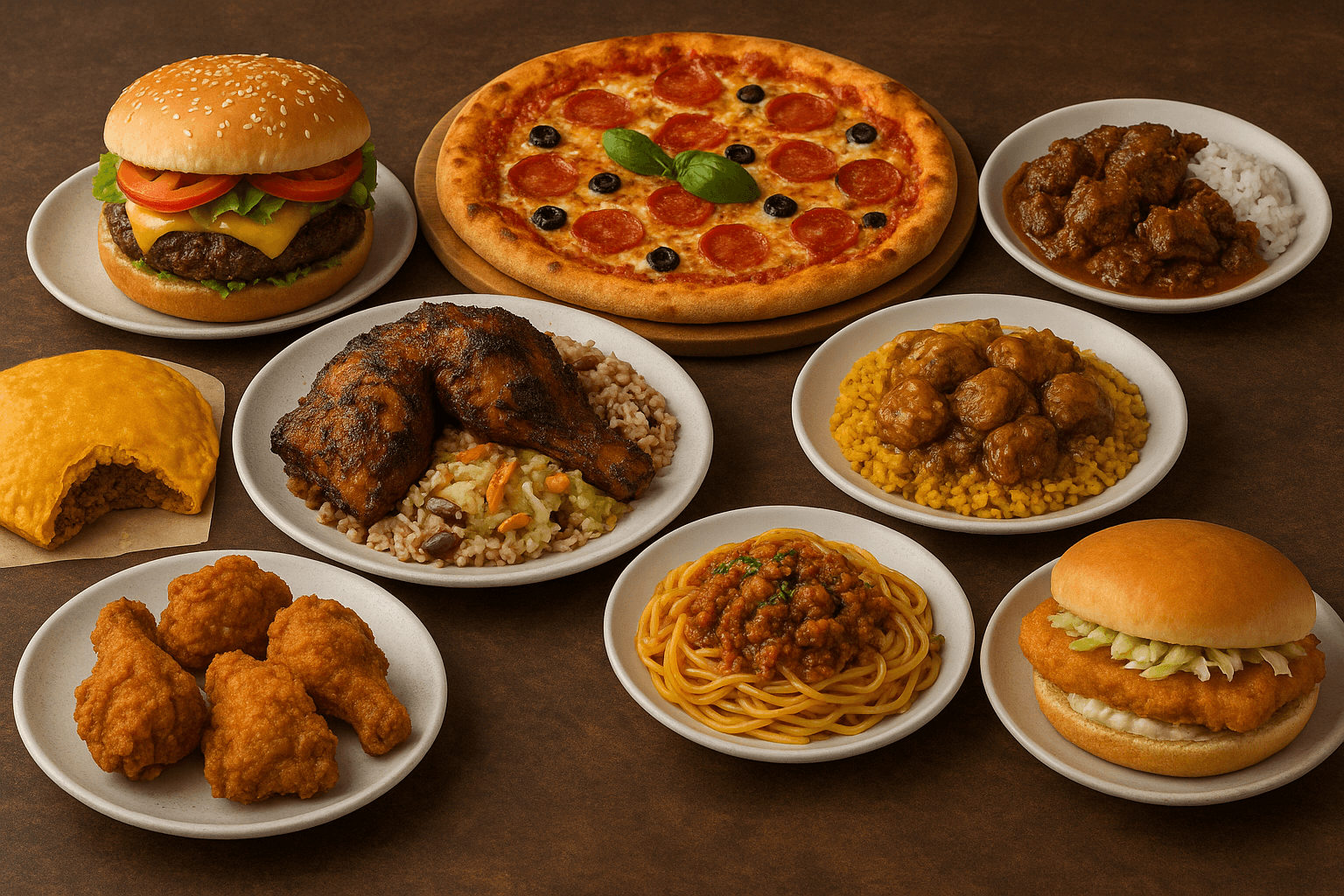 Delicious food delivery options including burgers, pizza, fried chicken, Jamaican patties, and more